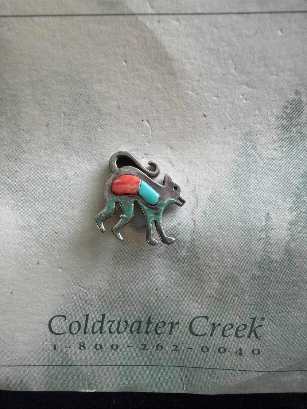 Coldwater Creek Sterling Silver Coyote Stick Pin Turquoise Coral Inlay Vintage